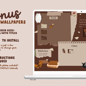 May include: A laptop computer screen displaying a digital desktop wallpaper with a brown background and various decorative elements, including a black cat, an owl, and a butterfly. The text "Study", "Other", and "Biblichor" is visible on the screen. The text "Bonus Wallpapers" is visible on the left side of the image.