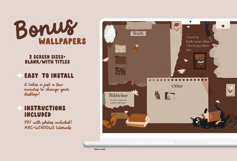 May include: A laptop computer screen displaying a digital desktop wallpaper with a brown background and various decorative elements, including a black cat, an owl, and a butterfly. The text "Study", "Other", and "Biblichor" is visible on the screen. The text "Bonus Wallpapers" is visible on the left side of the image.
