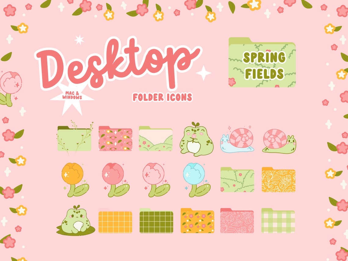 Custom Spring Desktop Icons and MacBook Wallpaper, Pink Green Whimsical ...
