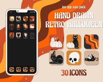 Iconos de aplicaciones retro de Halloween dibujados a mano, ambiente espeluznante de temporada, iconos de aplicaciones estéticos, paquete de otoño, fondo de pantalla de iPhone, diseños de otoño, paquete de iconos de aplicaciones iOS