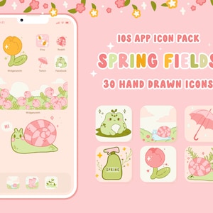 May include: A pink phone screen displaying a collection of 30 hand-drawn app icons featuring a spring theme. The icons include a snail, a frog, a flower, an umbrella, and a bottle of hand soap. The text "IOS APP ICON PACK SPRING FIELDS 30 HAND DRAWN ICONS" is displayed at the top of the screen.