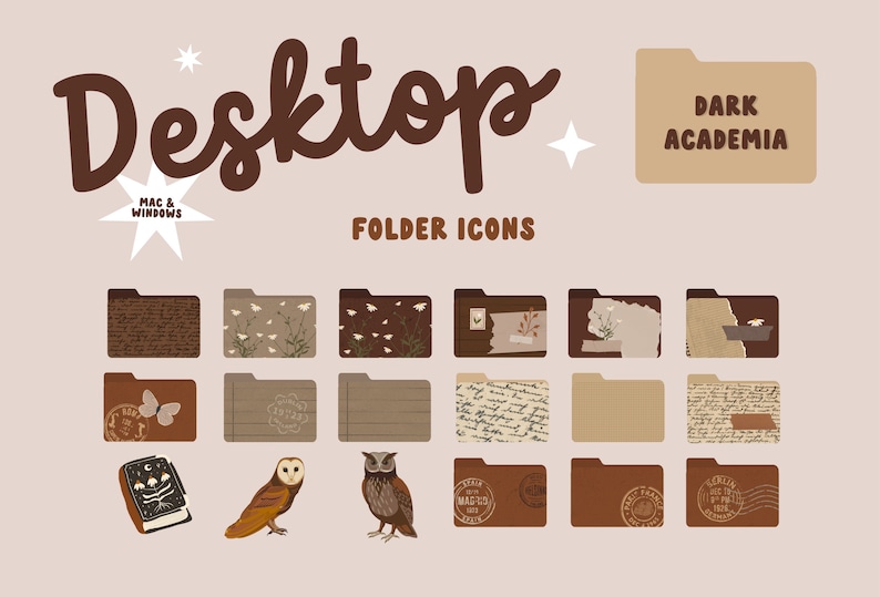 May include: A set of 18 folder icons in a dark academia theme. The icons feature various designs, including flowers, butterflies, owls, books, and vintage stamps. The icons are designed for both Mac and Windows operating systems.