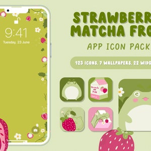 Strawberry App Icons iPhone iOS 14 15 Summer Iphone Icons Kawaii Green Pack Icons for App Covers Home Screen Matcha Frog App Icon Bundle