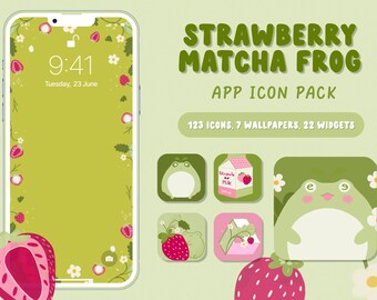 Strawberry App Icons iPhone iOS 14 15 Summer Iphone Icons Kawaii Green Pack Icons for App Covers Home Screen Matcha Frog App Icon Bundle