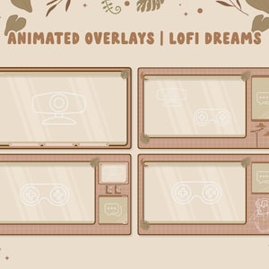 May include: Four animated overlays for streaming, featuring a webcam, a game controller, and chat bubbles. The overlays have a brown and beige color scheme with a grid pattern.
