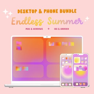 Könnte beinhalten: Ein Laptop und ein Smartphone-Bildschirm zeigen eine Reihe von bunten, verlaufenden Ordnersymbolen. Der Text "Endless Summer" wird über dem Laptop angezeigt. Der Text "Desktop & Phone Bundle" wird über dem Text "Endless Summer" angezeigt. Der Text "Mac & Windows" wird unter dem Text "Endless Summer" angezeigt. Der Text "iOS & Android" wird unter dem Text "Endless Summer" angezeigt. Eine Reihe von bunten, verlaufenden Symbolen wird auf der rechten Seite des Bildes angezeigt.
