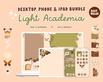 Light Academia Desktop Organizer Wallpaper and App Icons IOS Icon Pack Bundle, Desktop Icons Book Lover Widgets for Mac, Windows