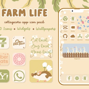 May include: A smartphone mockup with a cottagecore aesthetic. The phone screen displays a variety of app icons with a floral background. The text "FARM LIFE" is at the top of the image, and the text "cottagecore app icon pack" is below it. The text "200 Icons • Widgets • Wallpapers" is below that. The image also includes a variety of other icons, including a 7-Eleven logo, a Del Taco logo, an Uber Eats logo, a Yahoo! logo, a WhatsApp logo, and a mouse with a flower on its back.