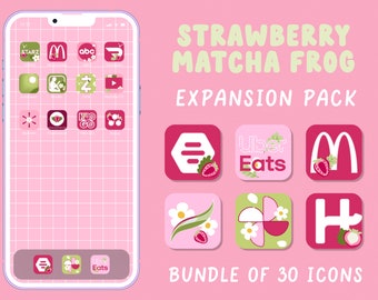 Strawberry Matcha Frog App Icons: Kawaii iOS 14/15 Home Screen (30 Icons) (Digital Download)