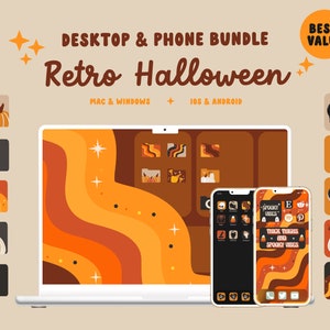 May include: A retro Halloween themed desktop and phone icon bundle with a colorful orange, brown, and yellow background. The bundle includes icons for both Mac and Windows computers as well as iOS and Android phones. The icons feature various Halloween themes, including pumpkins, ghosts, bats, and skulls.