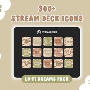Może przedstawiać: Zestaw 82 ikon Stream Deck w czterech kolorach, z motywem lo-fi dreams. Ikony są wyświetlane na czarnym tle z białą ramką. Tekst "LO-FI DREAMS PACK" jest wyświetlany pod ikonami.