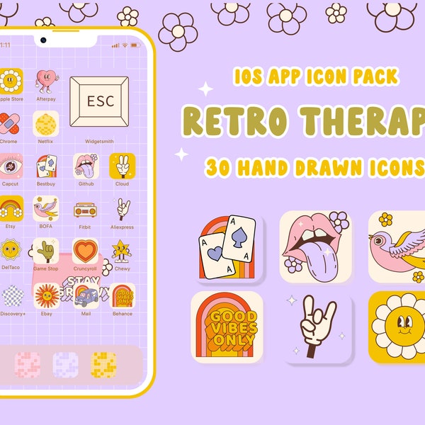 Retro Therapy IOS Purple App Icons Pack Disco Y2K Nostalgia Groovy Iphone Wallpaper and Widgets for ios 14 15 16