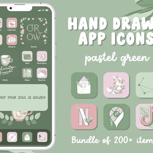 May include: A set of hand-drawn app icons in pastel green and pink colors. The icons feature various designs, including a letter N, a crescent moon, a constellation, a map pin, and a music note. The text "HAND DRAWN APP ICONS" and "pastel green" are also visible. The text "Bundle of 200+ items" is at the bottom of the image.