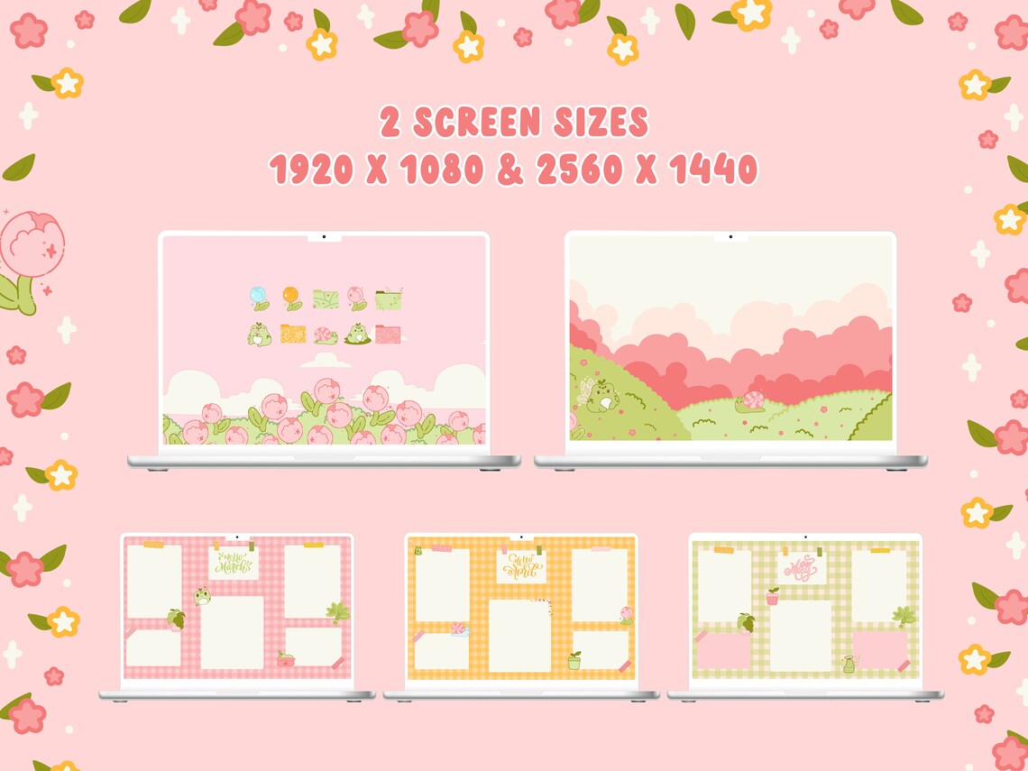 Custom Spring Desktop Icons and MacBook Wallpaper, Pink Green Whimsical ...
