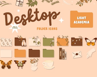 Könnte beinhalten: Ein Satz von 12 digitalen Ordner-Icons im Light-Academia-Stil. Die Icons zeigen verschiedene Illustrationen, darunter Schmetterlinge, Blumen, Bücher, eine Tasse Kaffee und eine Büste. Der Text "LIGHT ACADEMIA" wird in einem braunen Ordner-Icon angezeigt.