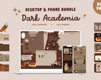 Pacote de ícones para iOS do organizador de desktop Dark Academia, papel de parede e ícones de aplicativos, ícones de desktop para Mac e Windows