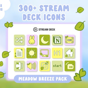 May include: A set of 109 Stream Deck icons in four colours, featuring a green, yellow, pink, and white colour scheme. The icons are designed with a meadow breeze theme and include icons for social media, gaming, and streaming. The text "300+ STREAM DECK ICONS" and "MEADOW BREEZE PACK" is displayed on the image.