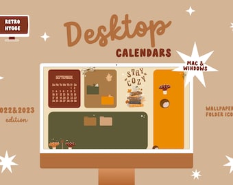 Retro Hygge Desktop Organizer Wallpaper 2022-2023 Calendars, Cozy Desktop Icons for Mac, Windows