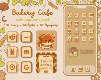 May include: A digital illustration of a phone screen with a bakery cafe theme. The phone screen has a brown background with a window scene and the text "Bakery Cafe" in a brown font. The phone screen also has a grid of app icons with a bread theme. The icons are in a brown and white color scheme. The phone screen is surrounded by a brown and white border.