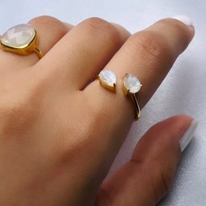 gold adjustable ring with teardrop moonstone gemstones