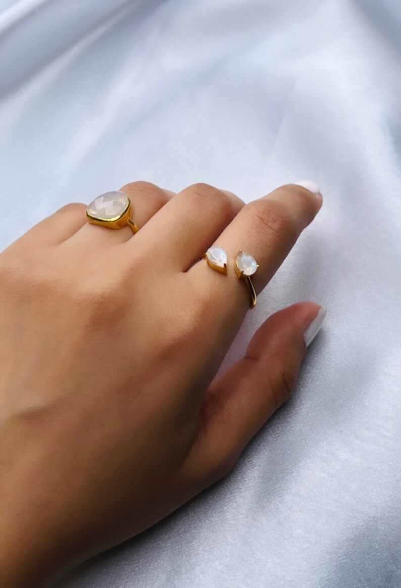 gold adjustable ring with teardrop moonstone gemstones