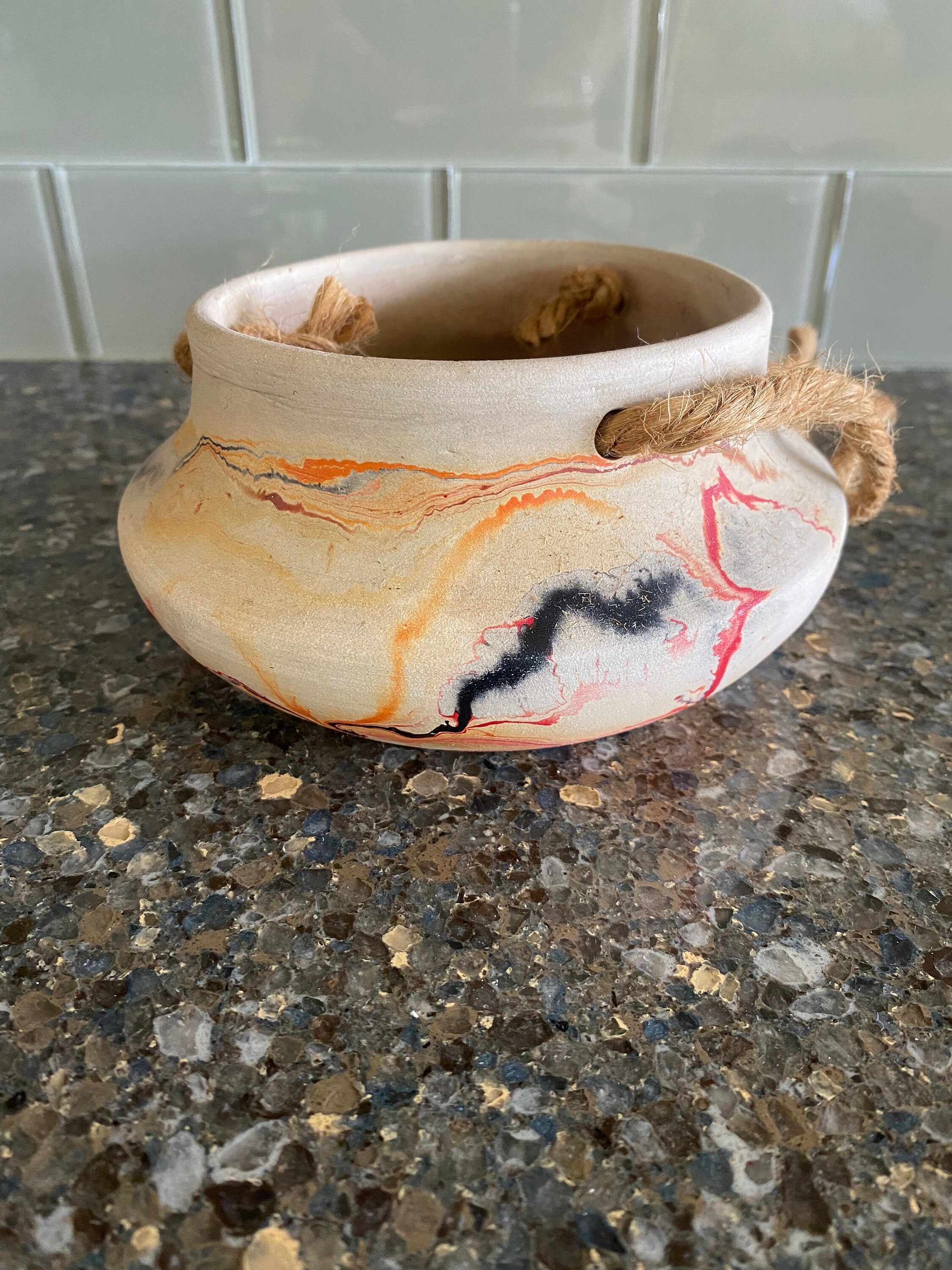 Nemadji Potttery Hanging Planter Vintage Handmade Swirl