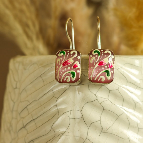 Artisanal Drop Earrings l Hand Painted Rectangle Earring l Silver Boho Chic Ear Dangles l Handmade Flower Painting Earrings l Heritage