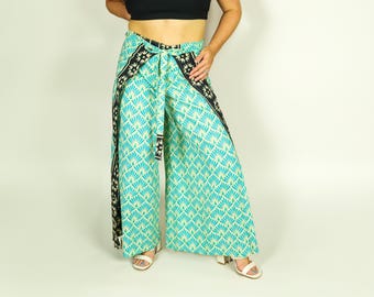 Aqua blauwe bloemen wikkelbroek l Bali-strandbroek l Wikkelbroek l Festivalbroek voor vrouwen l Cadeau voor haar l Turquoise palazzobroek