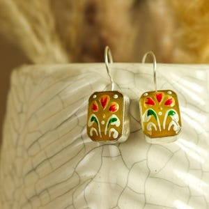 Artisanal Drop Earrings l Hand Painted Rectangle Earring l Silver Boho Chic Ear Dangles l Handmade Flower Painting Earrings l Heritage