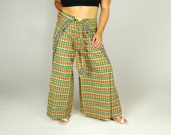 Wikkelbroek met bruine pijl l India-wrapbroek l Biologische katoenen festivalkleding l Bohostijl l Strandkleed l Grote maten broek met wijde pijpen