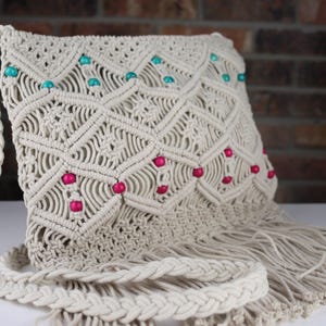 Cute Boho Macrame Bag, Braid and Beads Hand Knotted Purse, Crossbody Tassel Shoulder Bag, Hippie Aesthetic, Organic Cotton, Gift for her