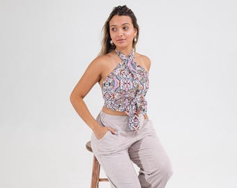 Multi Way Crop Top l Colorful Floral Wrap Top l Festival Outfit Tops l Abstract Halter Tops l Rave Crop Top l Backless Tops l Gift for Her