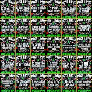 May include: A collection of forty rectangular digital graphics featuring the text MOST LIKELY followed by various Christmas-themed prompts. Each design includes illustrations of a green pine tree, red ornaments, and colorful string lights on a black background.