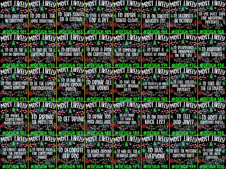 May include: A collection of forty rectangular digital graphics featuring the text MOST LIKELY followed by various Christmas-themed prompts. Each design includes illustrations of a green pine tree, red ornaments, and colorful string lights on a black background.