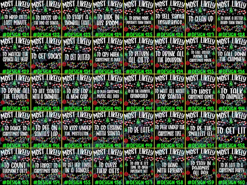 May include: A grid of forty rectangular Christmas-themed digital designs on a black background. Each design features the text MOST LIKELY, a green pine tree, candy canes, and colorful string lights, with unique phrases and design numbers 121 to 160.