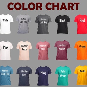 K&ouml;nnte beinhalten: Farbkarte mit verschiedenen T-Shirt-Farben, darunter Wei&szlig;, Schwarz, Rot, Rosa, Orange, Marine, Kellygr&uuml;n, Gold, Hellgrau meliert, Dunkelgrau meliert, Pfirsich meliert, Flieder meliert, Weinrot meliert und Dunkelblau meliert.