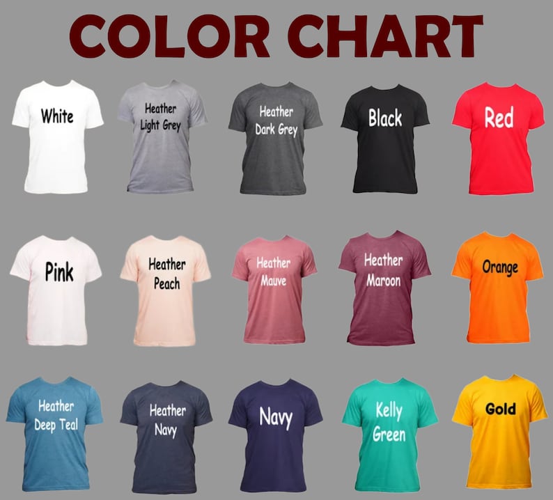 K&ouml;nnte beinhalten: Farbkarte mit verschiedenen T-Shirt-Farben, darunter Wei&szlig;, Schwarz, Rot, Rosa, Orange, Marine, Kellygr&uuml;n, Gold, Hellgrau meliert, Dunkelgrau meliert, Pfirsich meliert, Flieder meliert, Weinrot meliert und Dunkelblau meliert.