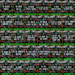May include: A grid of 40 black rectangular cards featuring Christmas-themed text and graphics. Each card displays the phrase MOST LIKELY followed by unique holiday scenarios, decorated with green pine trees, red candy canes, and colorful string lights.