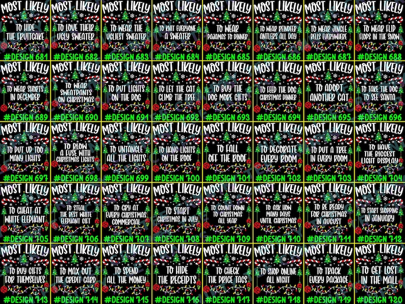May include: A collection of forty rectangular digital graphics featuring a black background with Christmas-themed borders, including candy canes, pine trees, and string lights. Each graphic displays the text MOST LIKELY followed by unique phrases and design numbers from 681 to 720.