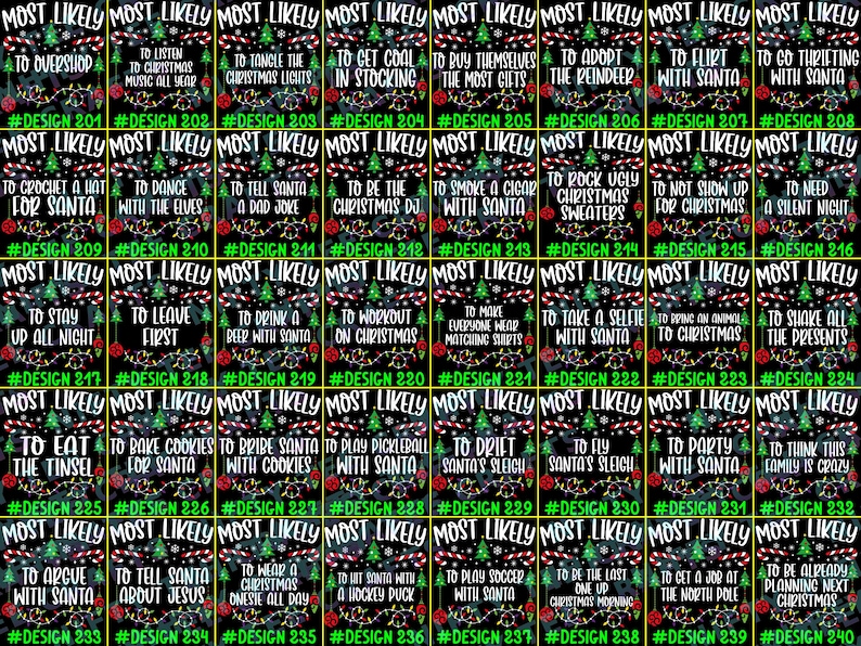 May include: A collection of forty black rectangular cards featuring the text MOST LIKELY followed by various humorous Christmas-themed phrases, decorated with illustrations of green pine trees, red ornaments, and colorful string lights.