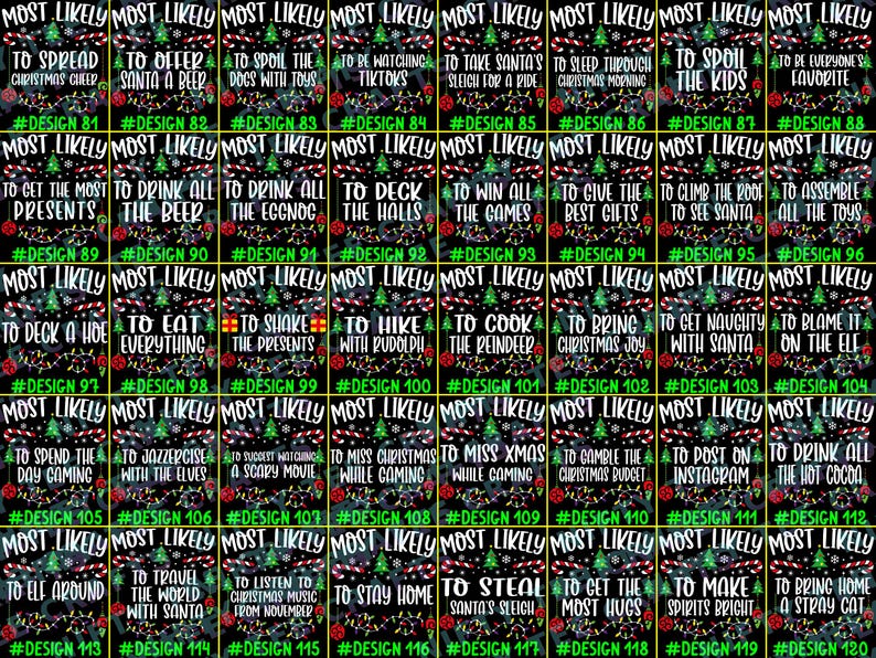 May include: A grid of forty rectangular Christmas-themed graphic designs on a black background. Each design features the text MOST LIKELY in white, followed by unique phrases, numbered from 81 to 120, decorated with green trees, red ornaments, and lights.