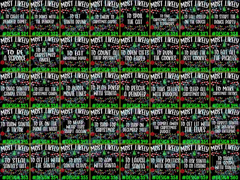 May include: A grid of forty rectangular graphic designs on a black background, each featuring the text MOST LIKELY followed by unique phrases, decorated with green Christmas trees, red and white candy canes, and colorful string light borders.