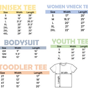Op de afbeelding: Een tabel met maat- en metingen voor unisex, dames, jeugd, peuter en bodysuit t-shirts. De tabel bevat de maat, breedte en lengte in inches.