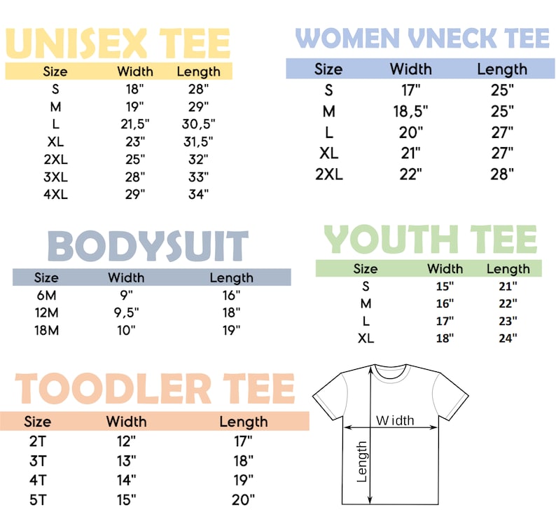 Op de afbeelding: Een tabel met maat- en metingen voor unisex, dames, jeugd, peuter en bodysuit t-shirts. De tabel bevat de maat, breedte en lengte in inches.