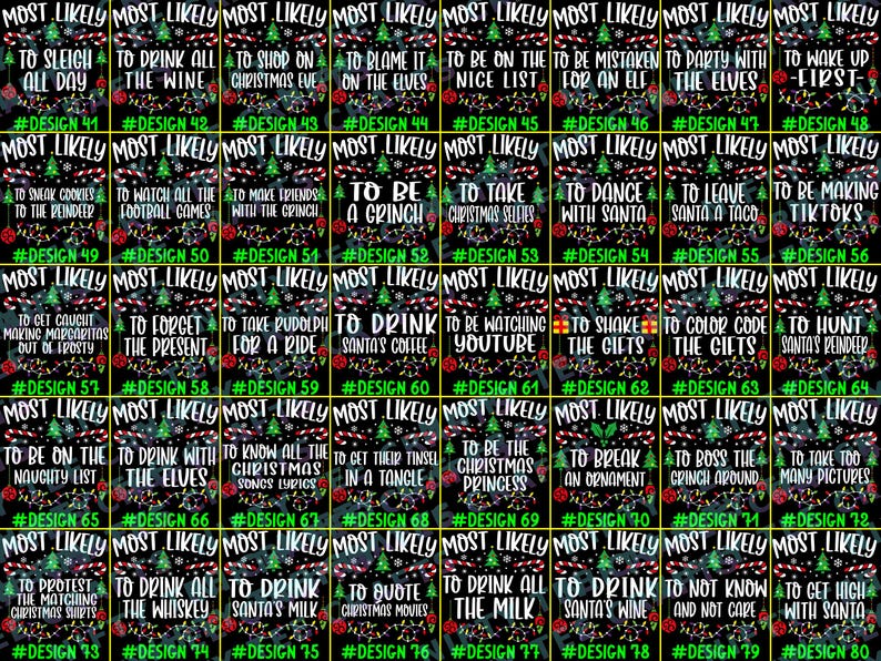 May include: A grid of forty rectangular Christmas-themed graphic designs on a black background. Each design features the text MOST LIKELY followed by unique phrases, a green pine tree, candy canes, and colorful string lights with numbered labels.