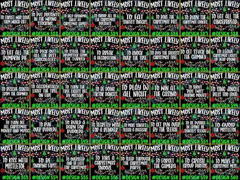 May include: A collection of forty rectangular digital graphics featuring the text MOST LIKELY followed by various holiday-themed scenarios, decorated with Christmas trees, candy canes, and colorful string lights on a black background.
