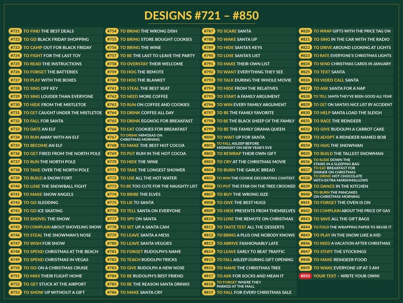 May include: A dark green informational chart titled DESIGNS #721 - #850, featuring a list of numbered Christmas-themed phrases in yellow text. Each entry starts with a yellow circle containing a number, followed by white text describing holiday activities.