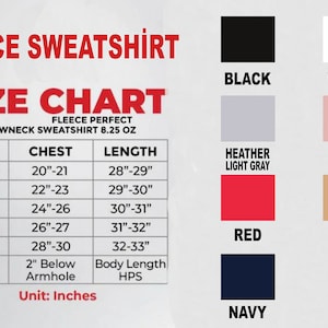 K&ouml;nnte beinhalten: Gr&ouml;&szlig;entabelle f&uuml;r ein Fleece-Sweatshirt mit Ma&szlig;en in Zoll f&uuml;r Brustumfang und L&auml;nge. Die Tabelle zeigt Gr&ouml;&szlig;en von S bis 2XL. Das Sweatshirt ist in 10 Farben erh&auml;ltlich: Schwarz, Wei&szlig;, Hellgrau meliert, Rosa, Rot, Sand, Marine, Dunkelgrau meliert, Hellgrau meliert und Anthrazit.
