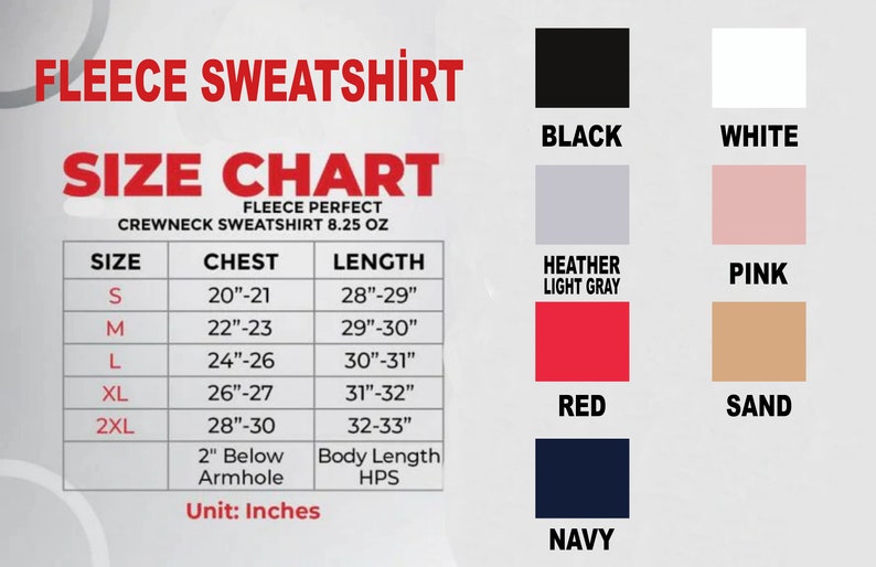 K&ouml;nnte beinhalten: Gr&ouml;&szlig;entabelle f&uuml;r ein Fleece-Sweatshirt mit Ma&szlig;en in Zoll f&uuml;r Brustumfang und L&auml;nge. Die Tabelle zeigt Gr&ouml;&szlig;en von S bis 2XL. Das Sweatshirt ist in 10 Farben erh&auml;ltlich: Schwarz, Wei&szlig;, Hellgrau meliert, Rosa, Rot, Sand, Marine, Dunkelgrau meliert, Hellgrau meliert und Anthrazit.