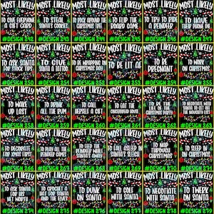 May include: A collection of forty rectangular Christmas-themed game cards arranged in a grid. Each card features a black background with a green Christmas tree, candy canes, and colorful string lights, displaying the text MOST LIKELY followed by unique phrases and design numbers from 241 to 280.